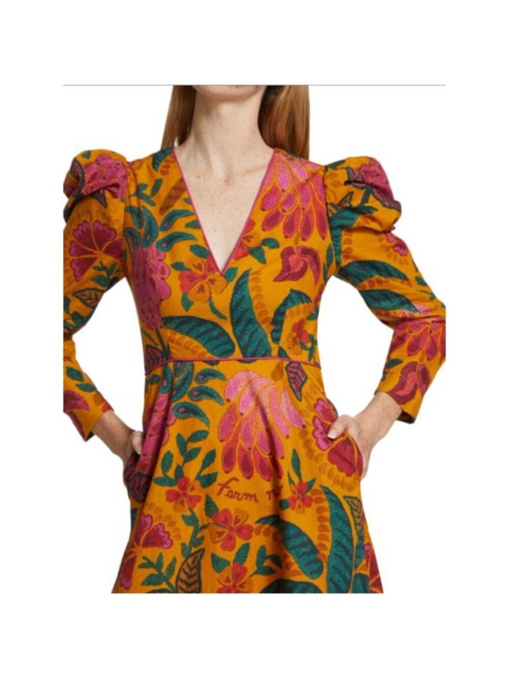 Farm Rio Midi Dress  Puff Long Sleeve Print Cotton Yellow  Small New With Tag - Picture 5 of 7